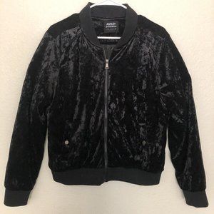 Ashley Outerwear Black Crushed Velvet Bomber Jacket Coat Size Large